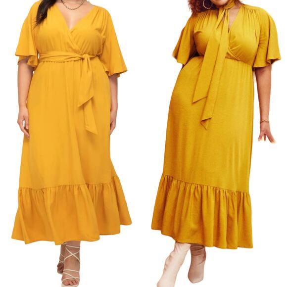 Eloquii Fit & Flare Dress V Neck Elastic Waist Maxi Mustard Gold NEW Womens 16 - Picture 1 of 10